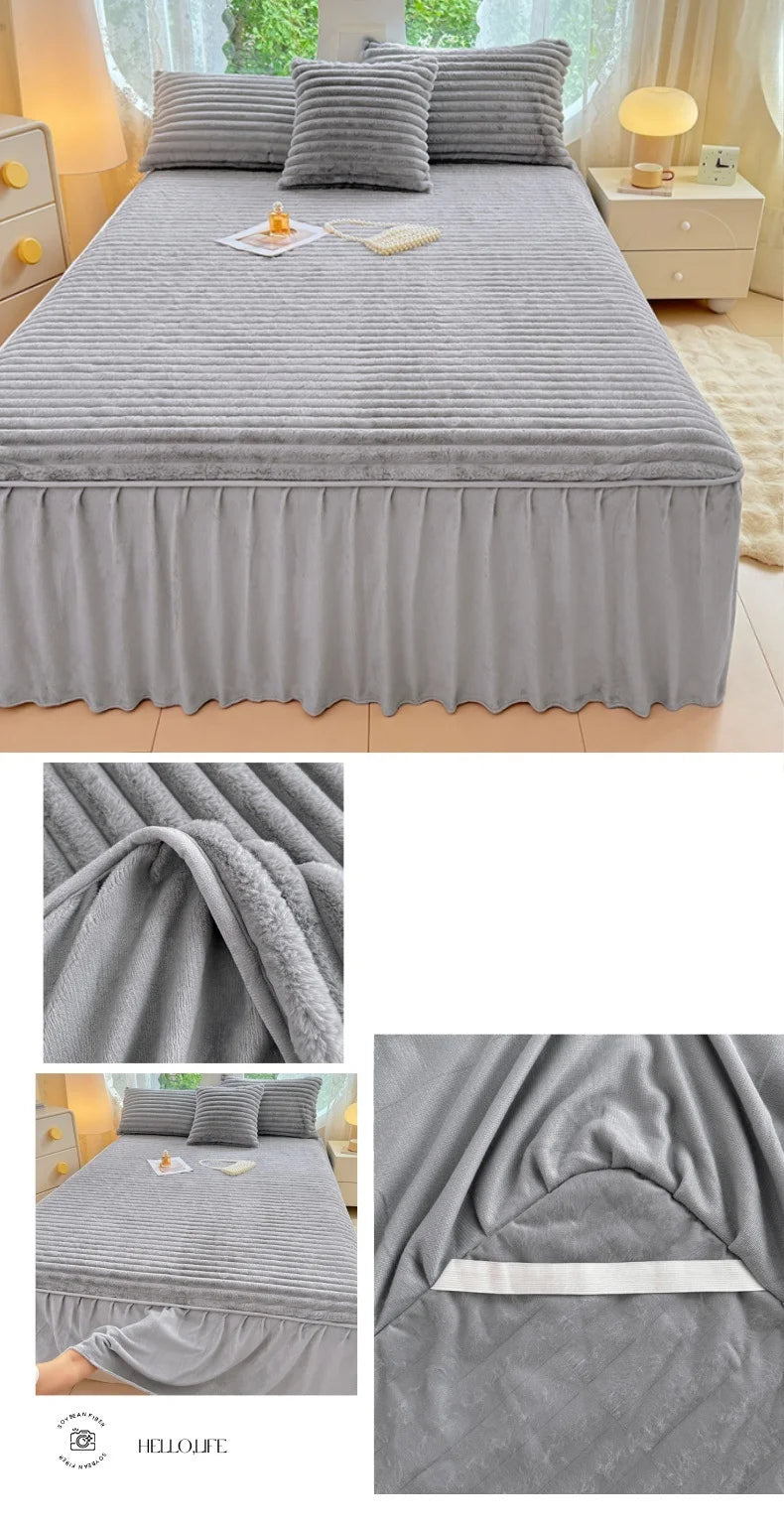 Gray plush bed skirt linen set featuring a textured fabric and a matching duvet cover.