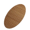 A round, brown bamboo tea mat with a fine vertical striped weave.