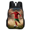 A black sports backpack featuring a football player in a red jersey on the front pocket.