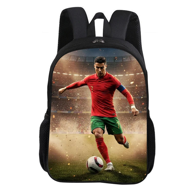 A black sports backpack featuring a football player in a red jersey on the front pocket.