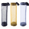 Three hanging mesh trash bags in black, yellow, and gray with black fabric loops for organization