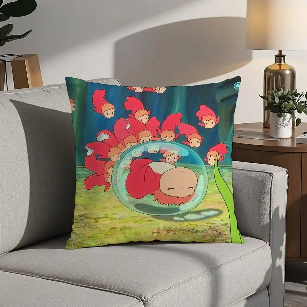 A decorative pillow cover featuring a cartoon illustration of many small, red-headed ponies in a blue background.