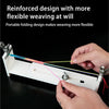 Hands are assembling a white braiding frame with colored threads for DIY bracelet making.