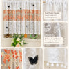 White lace cafe curtain featuring orange floral embroidery and butterfly appliques