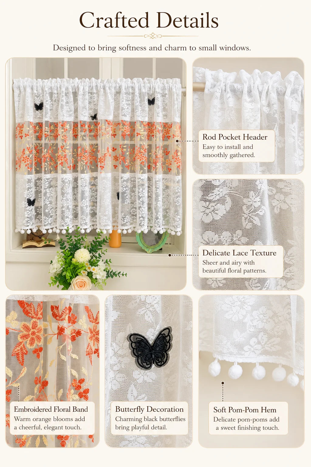 White lace cafe curtain featuring orange floral embroidery and butterfly appliques
