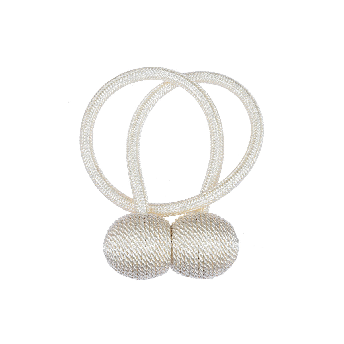 Two white magnetic curtain tiebacks with looped cords and spherical ends