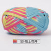 A ball of hand-dyed fabric strip yarn featuring pink, yellow, and light blue stripes.
