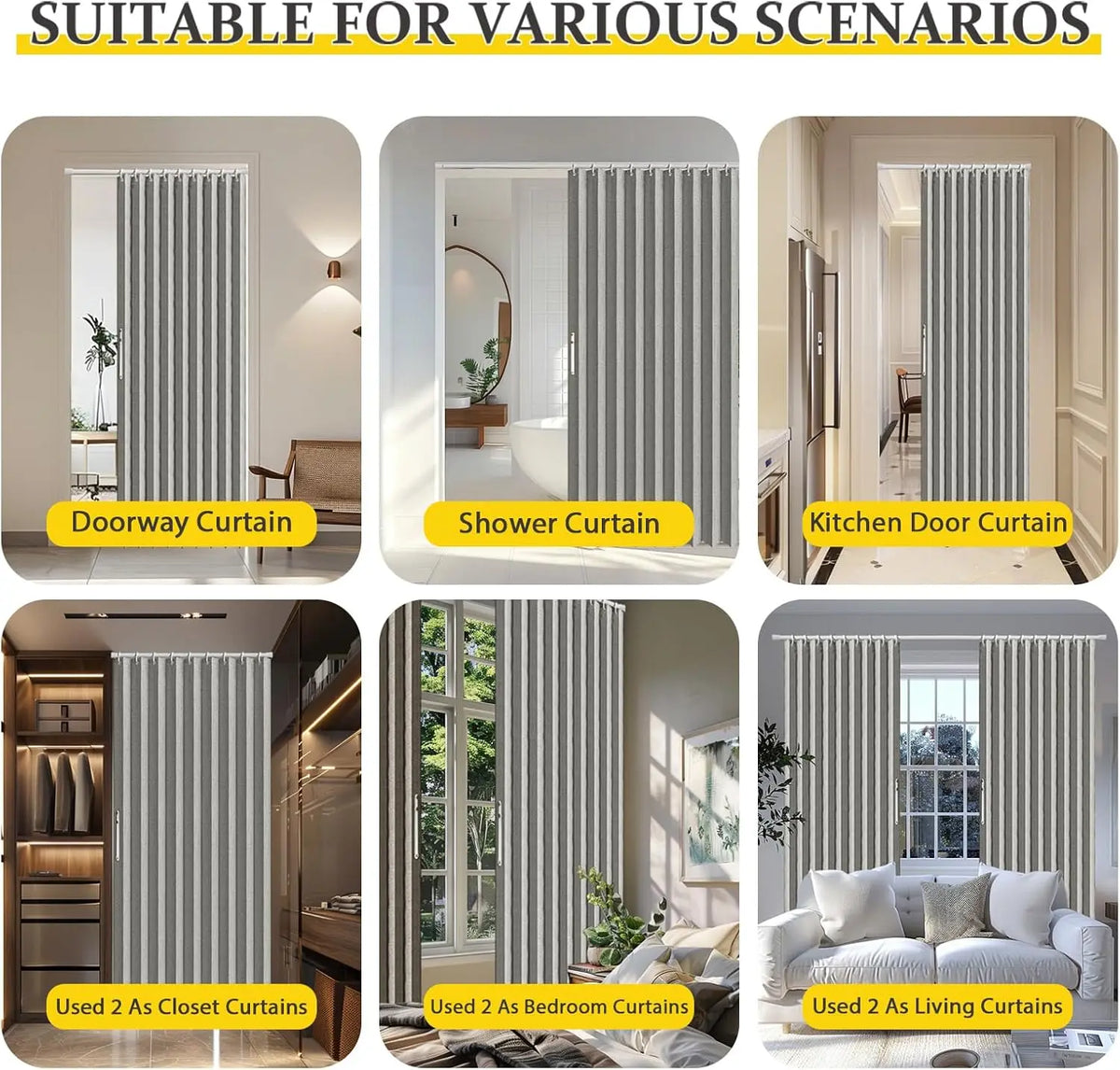 Magnetic accordion pleated door curtains shown in various contexts including doorways, showers, and kitchen doors.