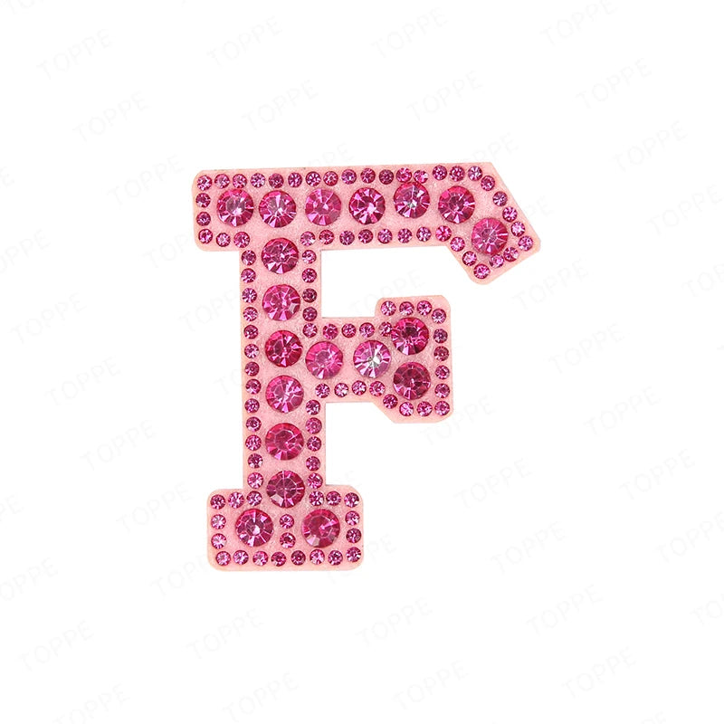 Pink rhinestone letter F patch for DIY craft project