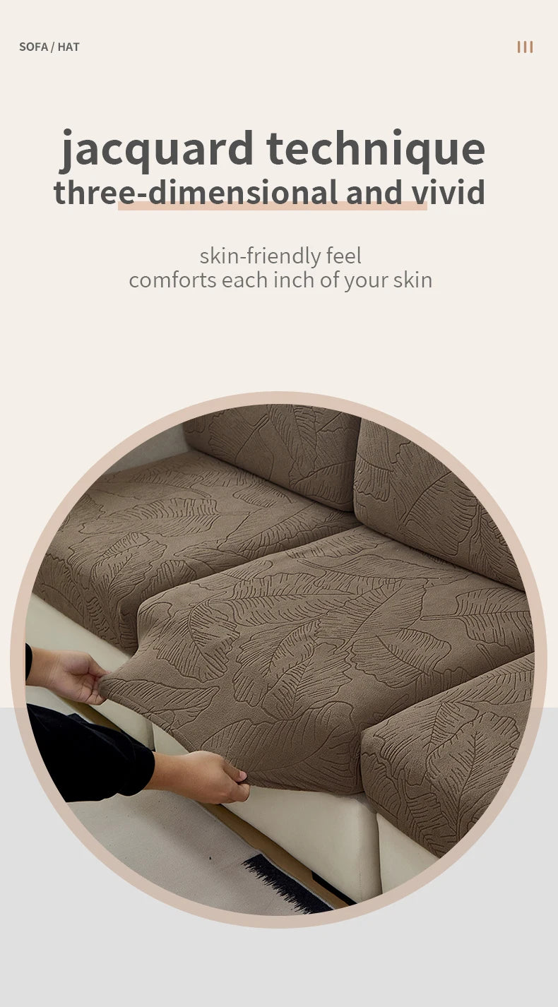 A close-up view of a brown jacquard textured sofa cushion cover being touched by a hand.