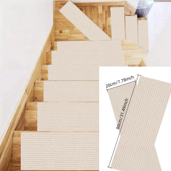A set of self-adhesive beige textured mats installed on a wooden staircase and door frame.