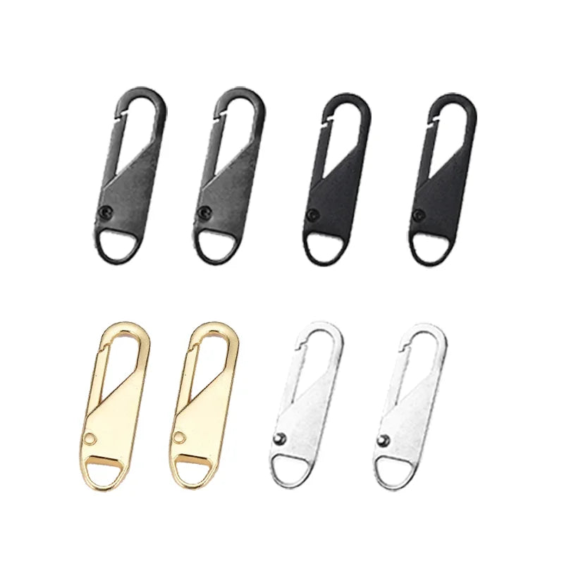 A set of four black and four gold replacement zipper pullers for universal use.