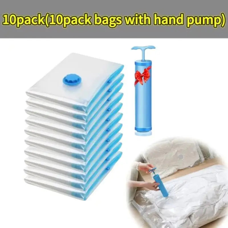 A stack of 10 vacuum compression storage bags with hand pumps, shown next to a single bag and a white fabric item.