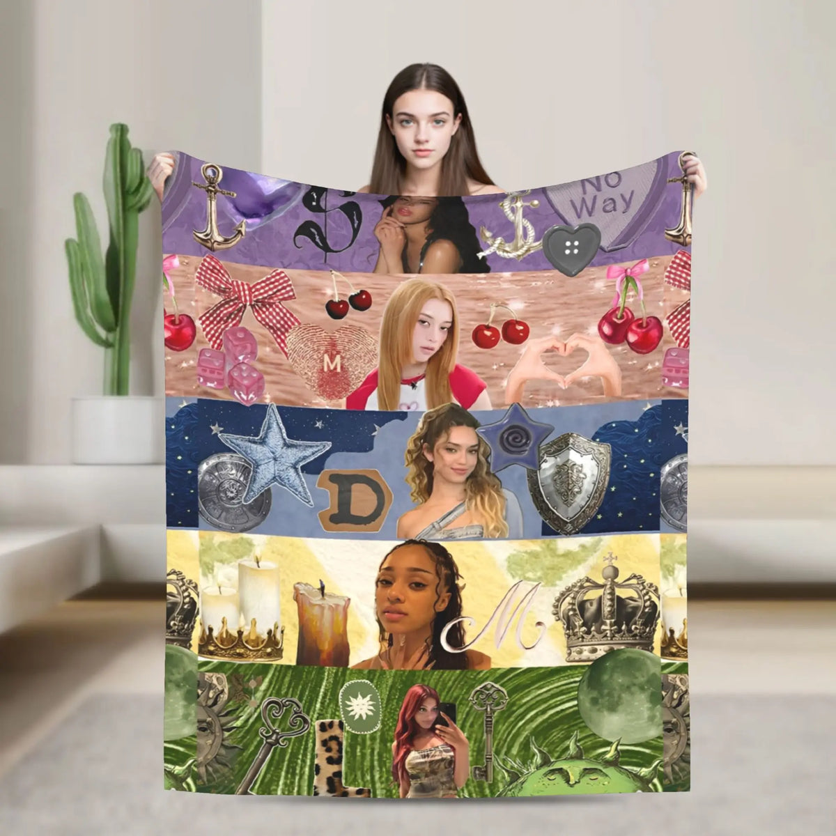 A colorful fleece throw blanket featuring various K-Pop themed designs and imagery.