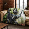 A Jurassic World themed flannel throw blanket featuring a large dinosaur silhouette on a green background.