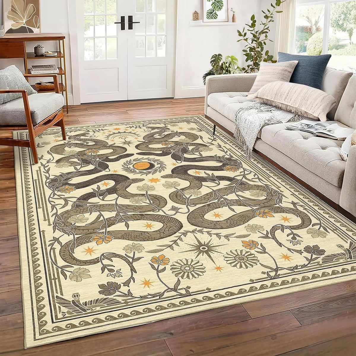 A beige area rug with a dark snake print pattern in shades of brown and gold, placed in a living room setting.