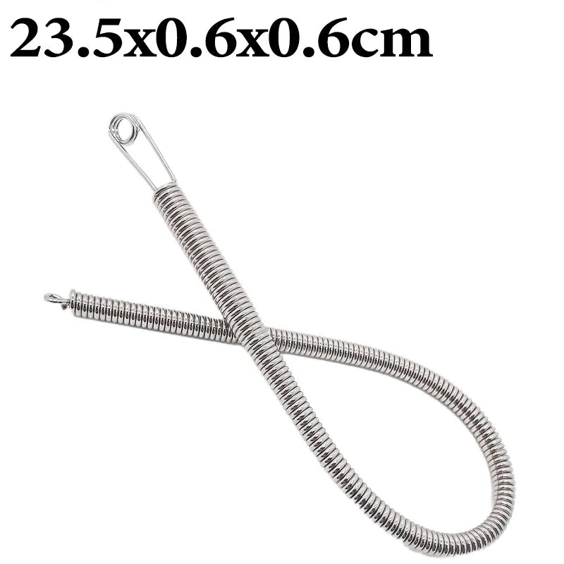 A silver bendable spring drawstring threader tool with a loop and a threaded end.