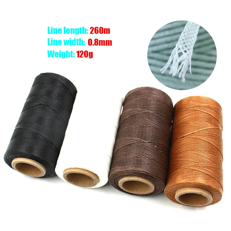 Three spools of waxed thread in black, brown, and orange colors shown next to specifications.