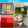 A collection of colorful granny squares and a green knitted handbag made from soft velvet chenille yarn.