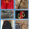 Close-up shots of U-shape zipper pull straps in orange, yellow, and pink mixed colors on various bags and fabric.