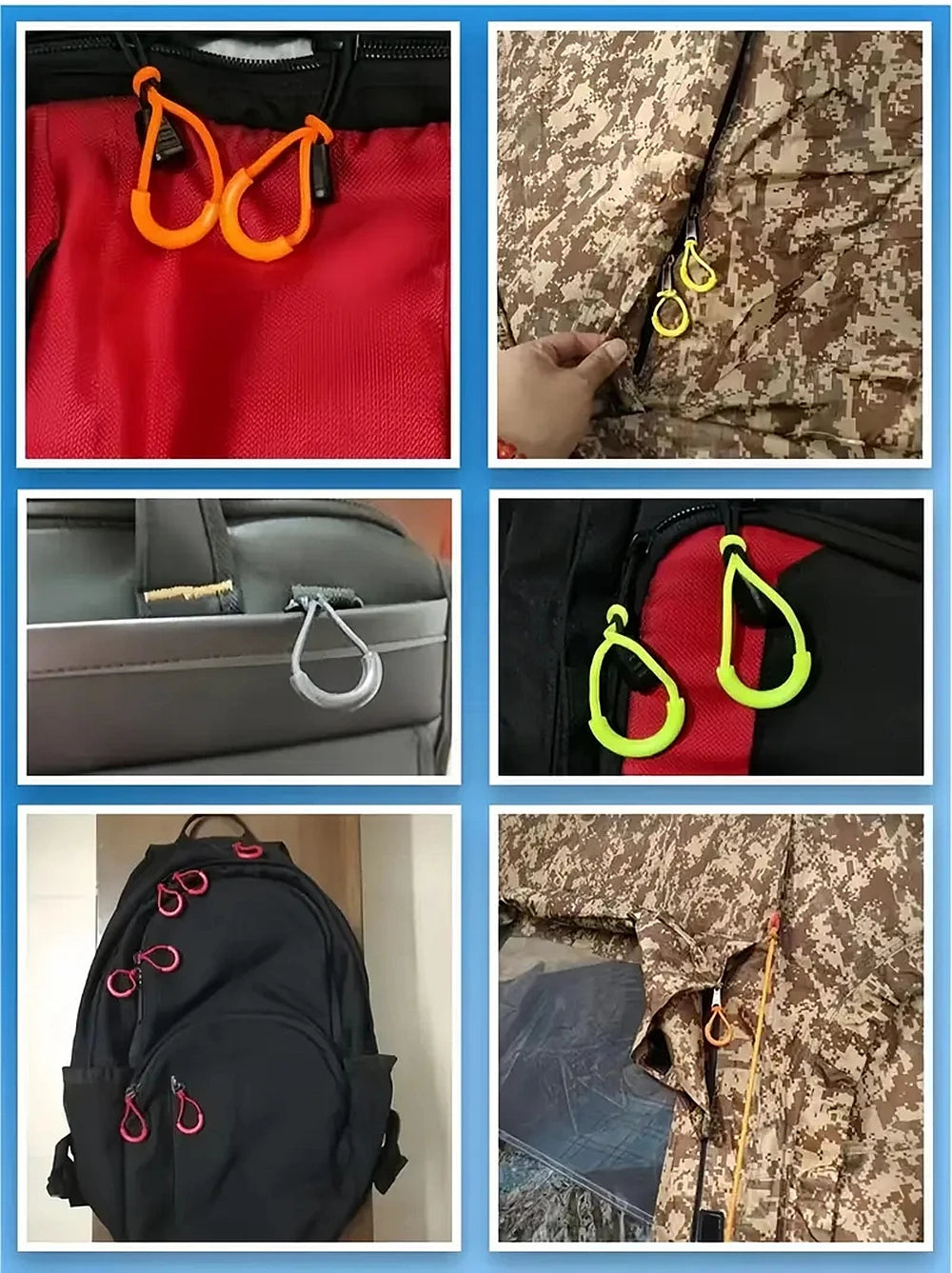 Close-up shots of U-shape zipper pull straps in orange, yellow, and pink mixed colors on various bags and fabric.