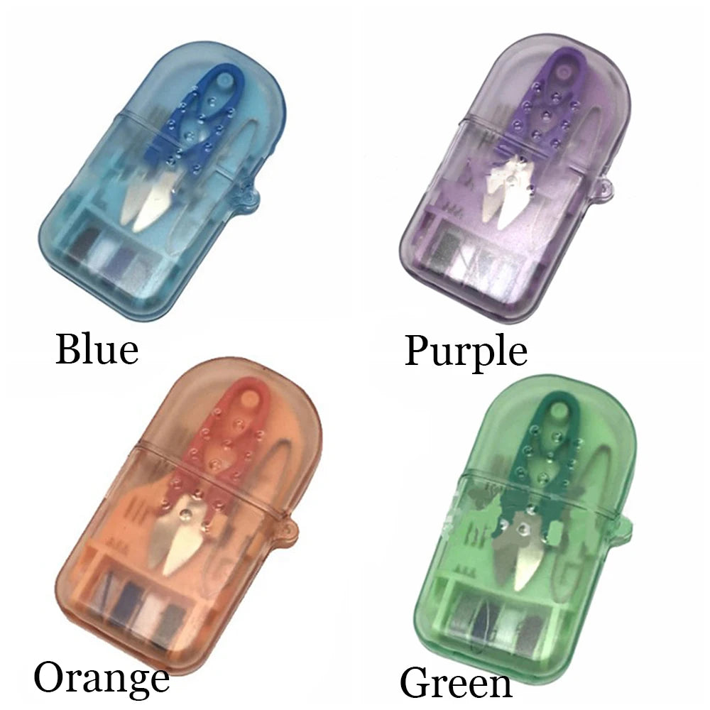 Four portable sewing kits in blue, purple, orange, and green displayed side by side.