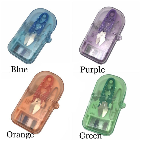 Four portable sewing kits in blue, purple, orange, and green displayed side by side.