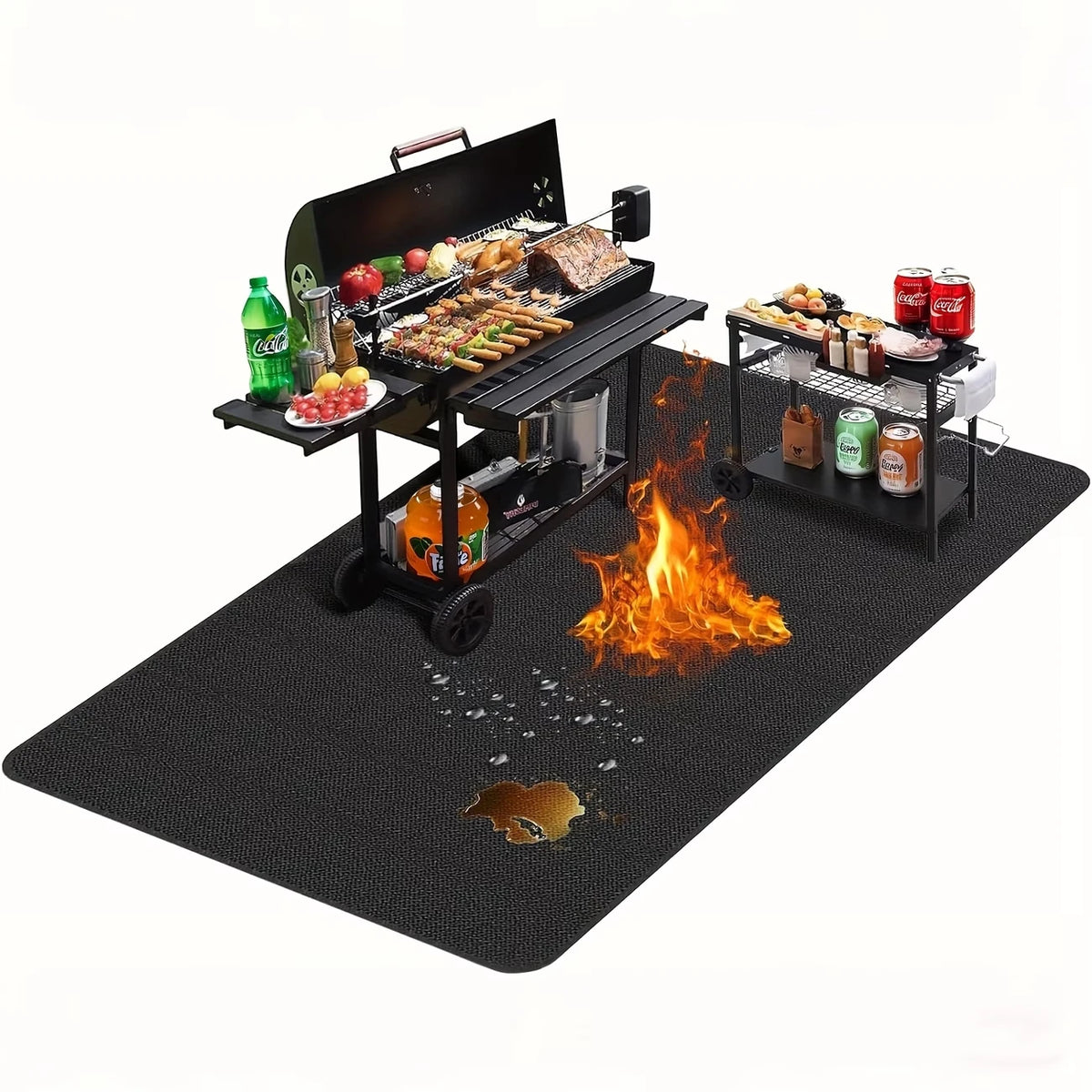 A black heavy-duty double-sided grill mat is shown with various food items and beverages on the cooking surface.