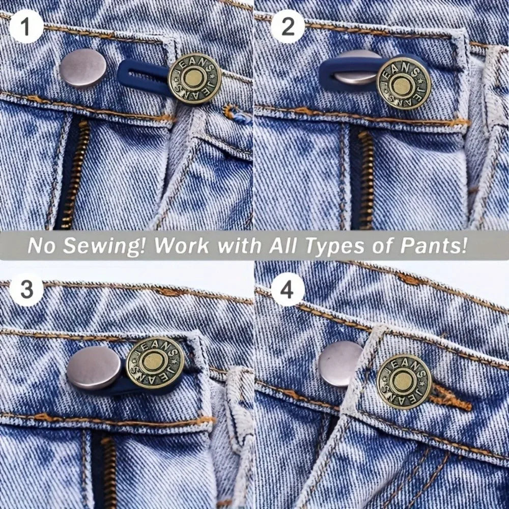 Four images showing metal waistbands with elasticity used to extend jeans without sewing
