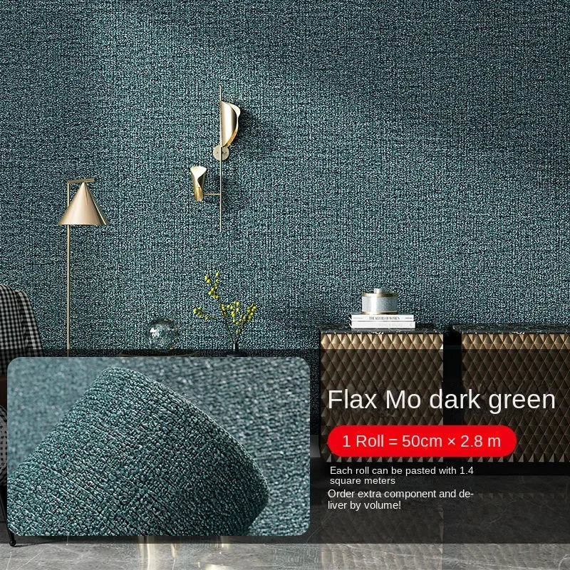 Dark green flax mo self-adhesive 3D thermal insulation wallpaper with linen texture on a wall.