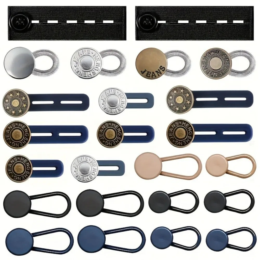 A collection of metal waistbands and extenders in various finishes and sizes.