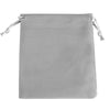 A soft gray velvet drawstring gift bag with light-colored cord ties.