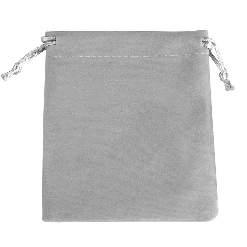 A soft gray velvet drawstring gift bag with light-colored cord ties.