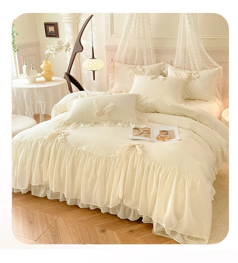 A luxurious cream princess chiffon duvet cover set displayed on a bed with sheer curtains and elegant decor.