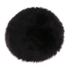 A round black faux fur sheepskin area rug with a plush texture.