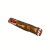 A decorative cigarette shaped floor mat with a brown felt body and an orange and white tip.