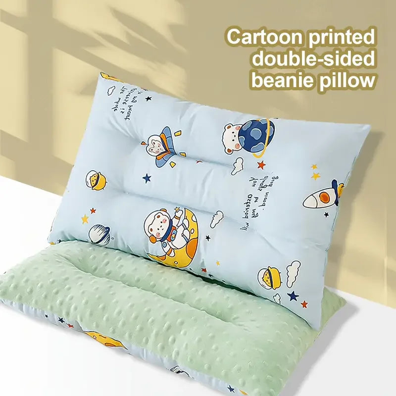A light blue cartoon printed double-sided beanie pillow featuring cute animal illustrations for infants.