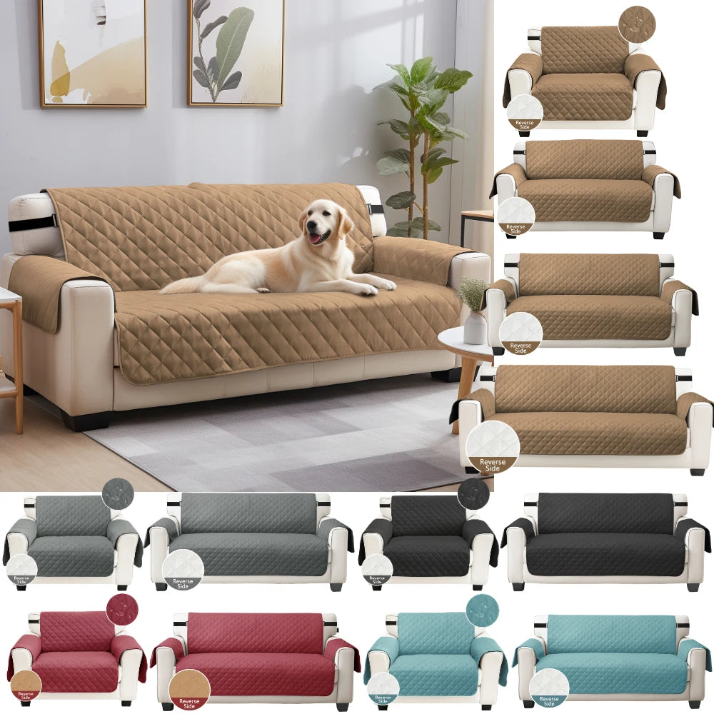 A collection of reversible sofa slipcovers in various colors and fabrics shown in different styles.