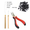 A kit of professional hair extension bead tools including a needle, threader, pliers, and micro rings.