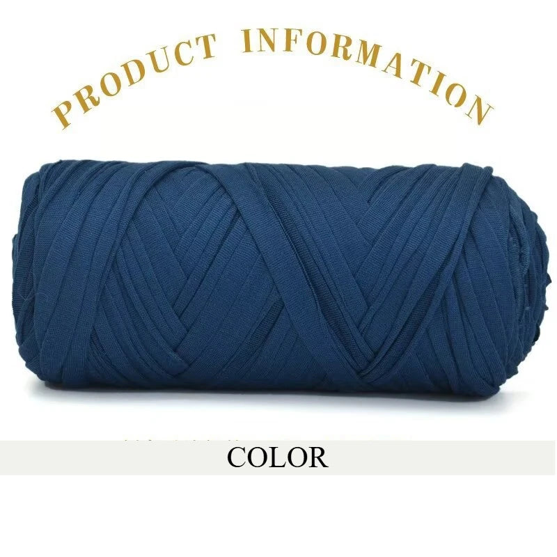 A roll of dark blue thick polyester blended yarn for crafting.