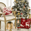 A festive holiday scene featuring a Christmas tree, decorative pillows, and a wooden chair.