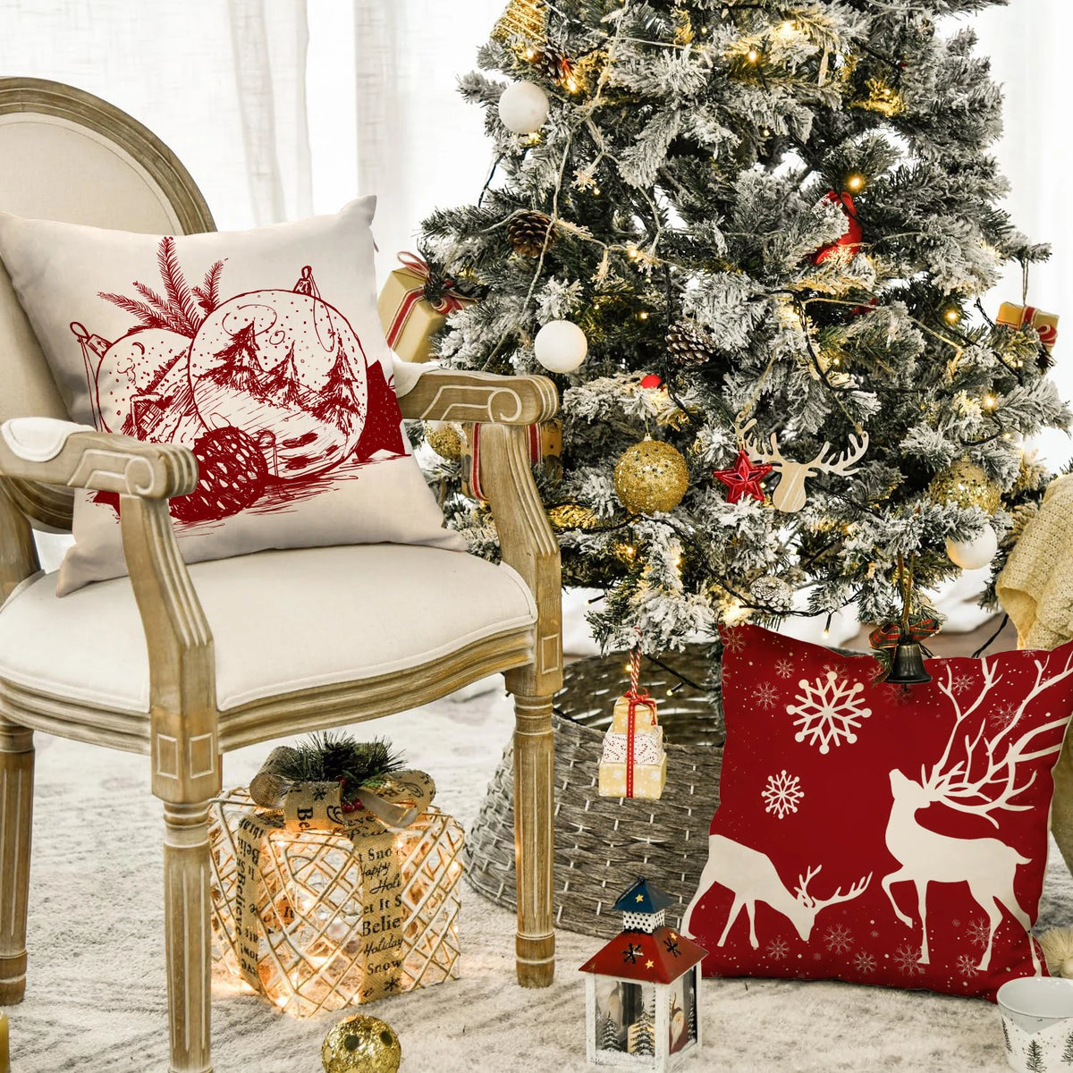 A festive holiday scene featuring a Christmas tree, decorative pillows, and a wooden chair.