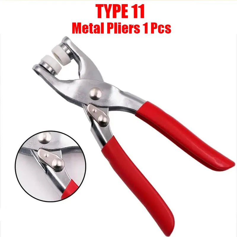 A pair of silver metal pliers with red handles, shown next to an inset detail.