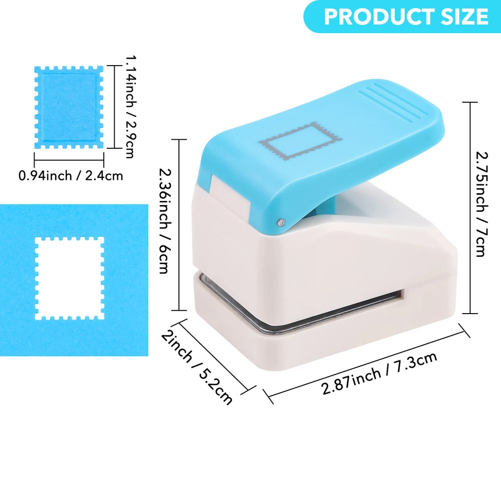 A light blue precision embossing and punching tool set with measurements displayed.