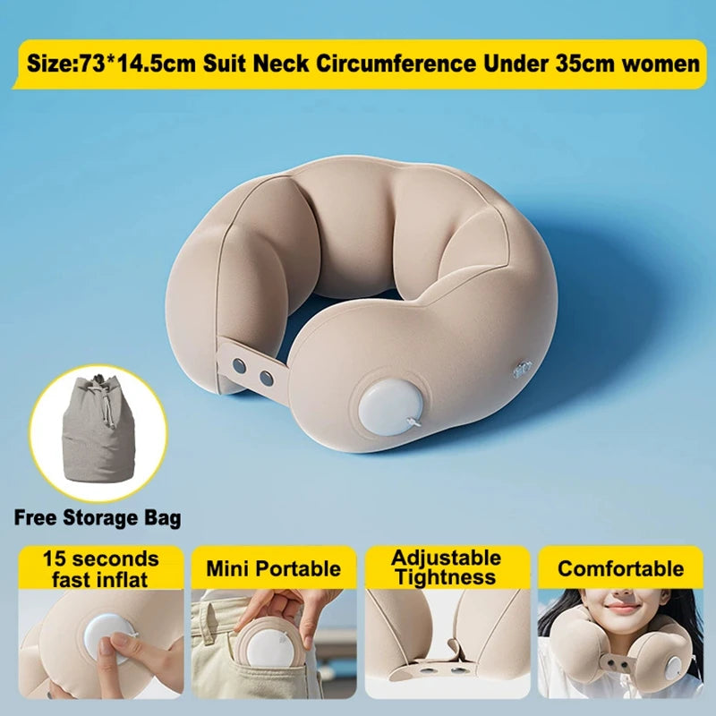 A beige inflatable U-shaped travel pillow designed for neck comfort, shown with a storage bag and usage examples.