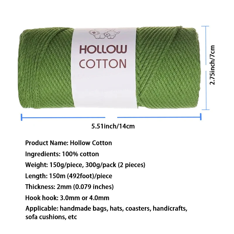 Green hollow cotton yarn skein with a white label and measuring tape.