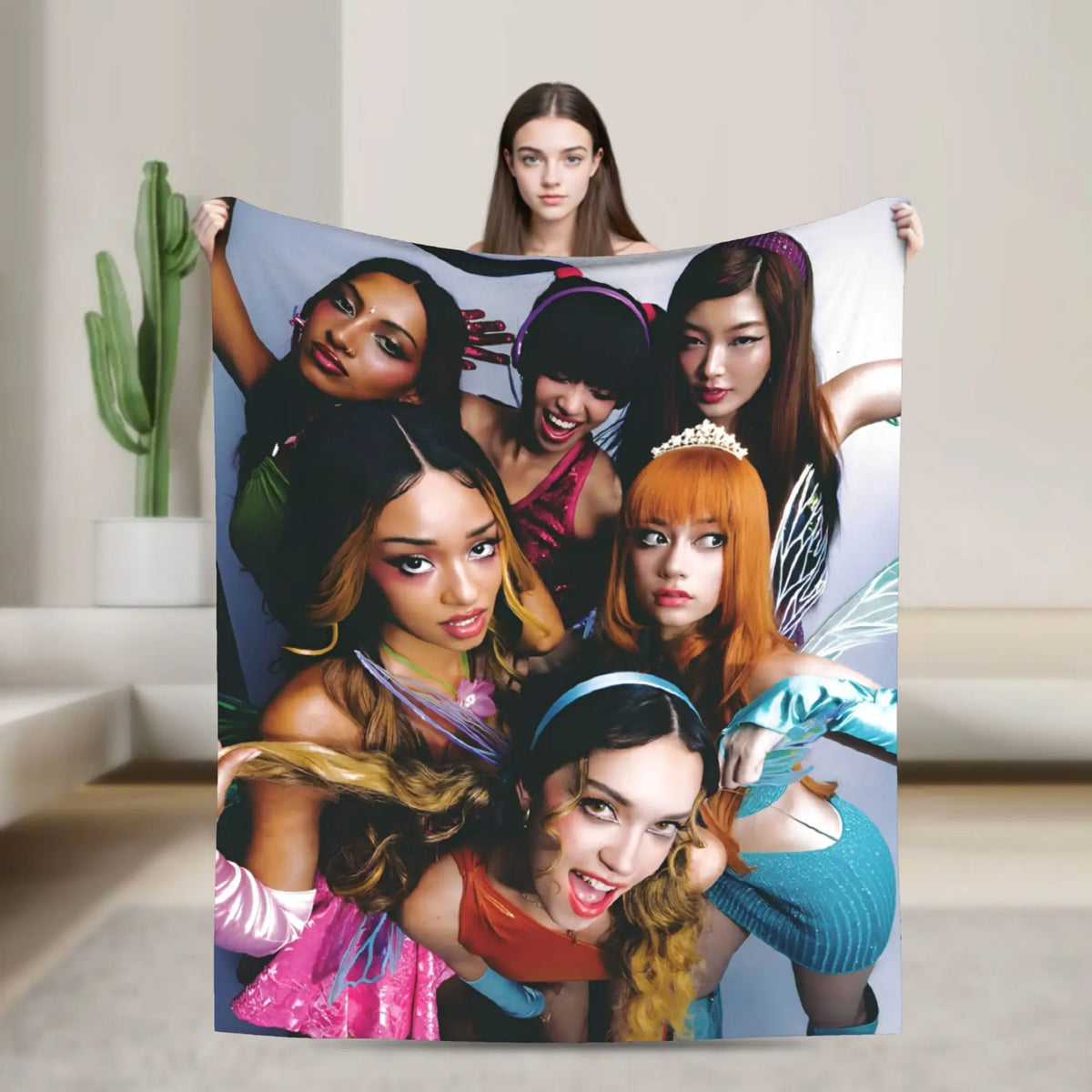 A collage of several young women in various outfits posing together on a blanket.