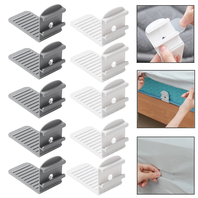 Various angles show invisible bed sheet clips used for anti-slip fixing on fabric.