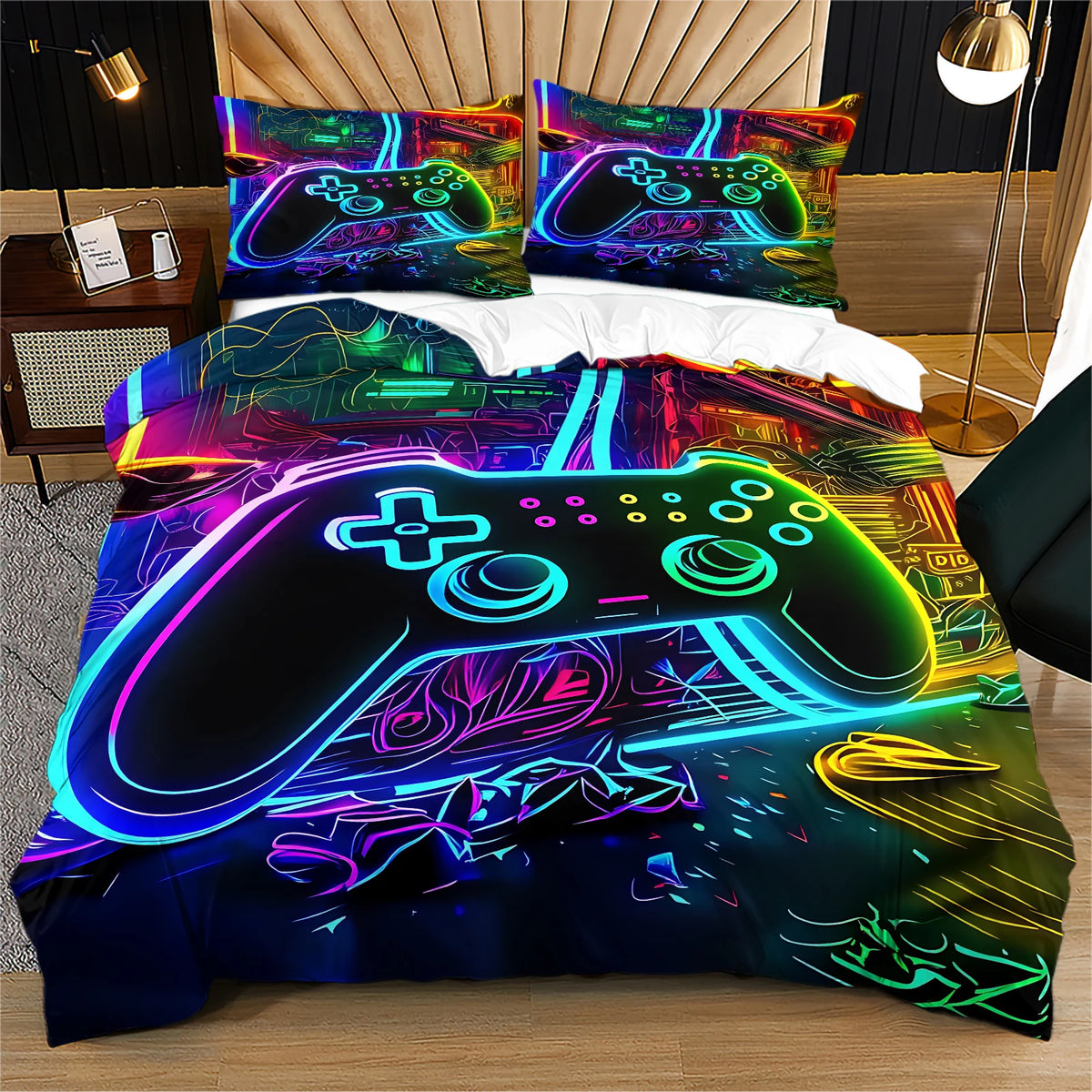 A duvet cover set featuring a neon hexagon controller design with vibrant purple, green, and blue lights.