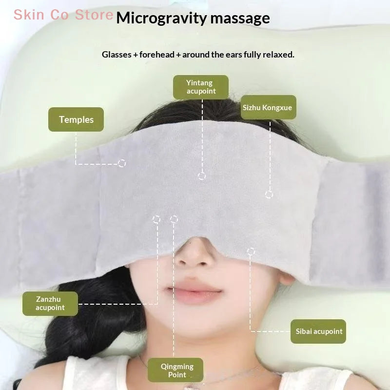 A person is receiving a microgravity massage treatment on their face and ears using specialized glasses and acupoints.